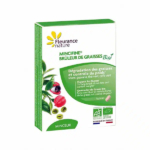 Boîte de tisane Fleurance Nature Mincifine Bio. L'emballage présente des feuilles vertes et des fruits colorés. Le nom et les informations du produit sont en français, soulignant son rôle dans la combustion des graisses et le contrôle du poids. Le logo AB Organic est inclus. Dakar