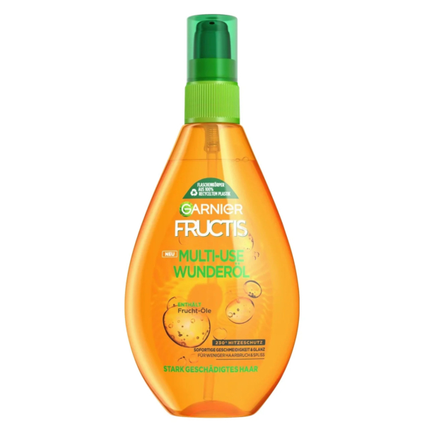 Un flacon orange de Garnier Fructis Multi-Use Wunderöl avec une pompe verte. L'étiquette mentionne des huiles de fruits pour la protection et la brillance des cheveux. Les inscriptions « NEU » et « STARK GESCHÄDIGTES HAAR » suggèrent que ce produit est destiné aux cheveux très abîmés. Dakar