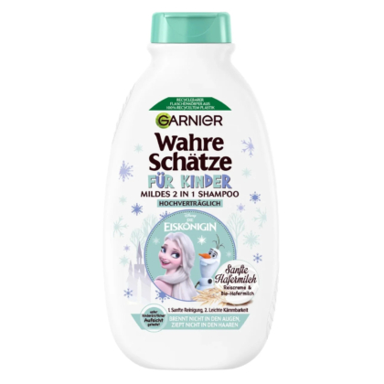 Un flacon blanc de Garnier Wahre Schätze pour enfants, orné du logo « Eiskönigin » avec les personnages d'Elsa et d'Olaf. Ce shampoing doux 2 en 1 est réputé doux pour les yeux. Son bouchon est vert et orné de flocons de neige. Dakar