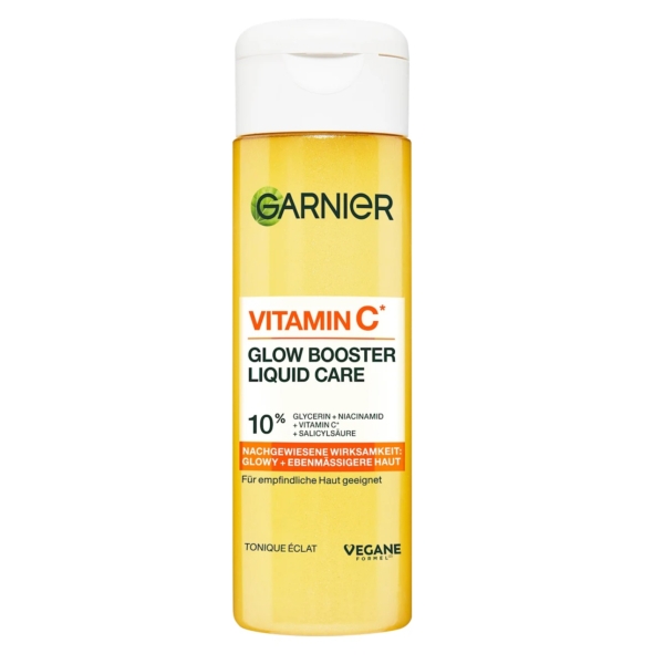 Découvrez le Soin Liquide Éclaircissant Booster d'Éclat Garnier Vitamine C, qui rappelle le Tonique et Éclat Vitamine C de NEUTRIHERBS. Son étiquette jaune et blanche vibrante présente une formule puissante à 10 % de vitamine C, avec glycérine et niacinamide, conçue pour les peaux sensibles. Dakar