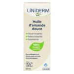 Boîte de 60 ml d'huile d'amande douce Liniderm, étiquetée en français. Les mentions « Nourrissante », « Adoucissante », « Apaisante » et « 100 % d'origine naturelle » sont indiquées en bas. Sur la partie inférieure, on peut lire « Hypoallergénique », « Testé dermatologiquement » et le logo « Laboratoires Gilbert ». Dakar