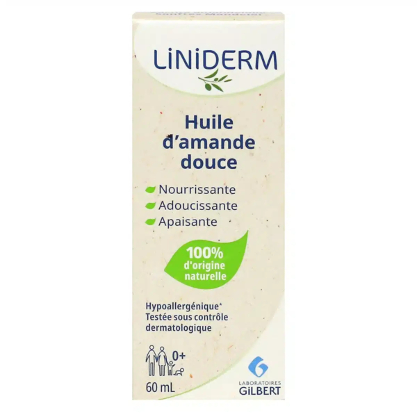 Boîte de 60 ml d'huile d'amande douce Liniderm, étiquetée en français. Les mentions « Nourrissante », « Adoucissante », « Apaisante » et « 100 % d'origine naturelle » sont indiquées en bas. Sur la partie inférieure, on peut lire « Hypoallergénique », « Testé dermatologiquement » et le logo « Laboratoires Gilbert ». Dakar