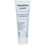 Un tube de Vaseline Gilbert, étiqueté en français et en néerlandais, conçu pour les peaux sèches et sensibles. Ce tube de 50 ml est doté d'un fond blanc et d'un texte bleu, avec un logo en bas à droite. Dakar