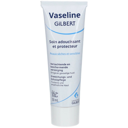 Un tube de Vaseline Gilbert, étiqueté en français et en néerlandais, conçu pour les peaux sèches et sensibles. Ce tube de 50 ml est doté d'un fond blanc et d'un texte bleu, avec un logo en bas à droite. Dakar