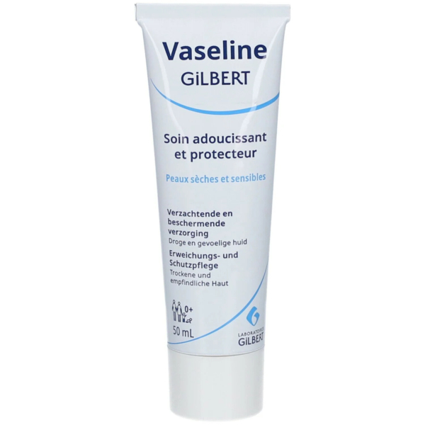 Un tube de Vaseline Gilbert, étiqueté en français et en néerlandais, conçu pour les peaux sèches et sensibles. Ce tube de 50 ml est doté d'un fond blanc et d'un texte bleu, avec un logo en bas à droite. Dakar