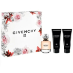 Coffret cadeau Givenchy L'Interdit, présenté dans un coffret blanc orné de fleurs rouges et roses. Il comprend un flacon de parfum L'Interdit et deux tubes noirs de lait pour le corps. Présentation élégante et luxueuse. Dakar