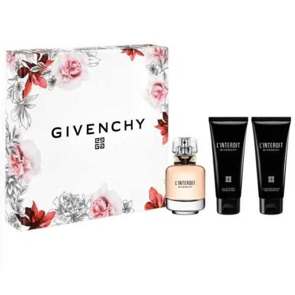 Coffret cadeau Givenchy L'Interdit, présenté dans un coffret blanc orné de fleurs rouges et roses. Il comprend un flacon de parfum L'Interdit et deux tubes noirs de lait pour le corps. Présentation élégante et luxueuse. Dakar