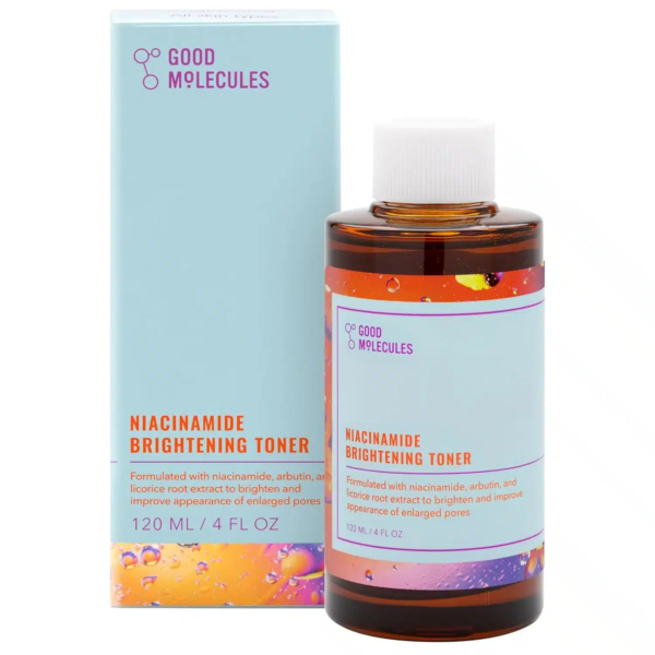 Image de la lotion tonique éclaircissante à la niacinamide Good Molecules. L'emballage et le flacon présentent un design moderne avec une typographie audacieuse. L'étiquette du flacon met en avant la niacinamide et l'arbutine comme ingrédients clés. Volume : 120 ml. Dakar