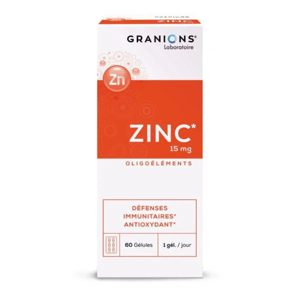 L'image montre une boîte blanche et orange de complément alimentaire Zinc Granions Laboratoire, contenant 60 gélules de 15 mg chacune. La boîte met en avant les bienfaits du zinc sur les défenses immunitaires et les antioxydants, avec une posologie d'une gélule par jour. Dakar