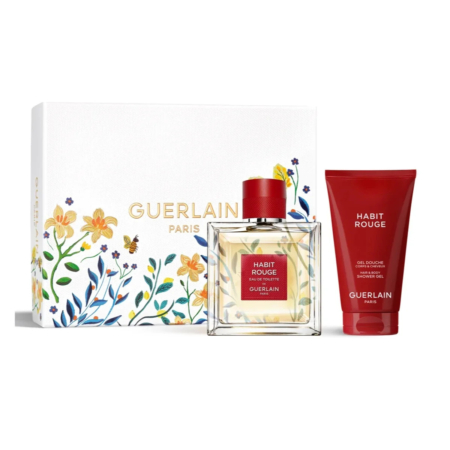 Coffret cadeau Guerlain Habit Rouge comprenant un flacon de parfum aux accents rouges et dorés et un tube de gel douche rouge assorti. L'emballage arbore des motifs floraux colorés et l'inscription « Guerlain Paris ». Dakar
