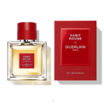 Un flacon de l'Eau de Parfum Habit Rouge de Guerlain, accompagné de son emballage rouge et or. Le flacon est carré, coiffé d'un bouchon rouge, et l'emballage arbore la même palette de couleurs, mettant en valeur le nom de la marque et du parfum. Dakar