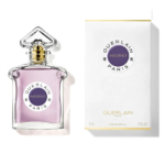 Un flacon de parfum Guerlain Insolence, au liquide rose et au bouchon argenté orné, est placé à côté de son emballage blanc. L'emballage arbore le nom et le logo de la marque, avec un motif circulaire violet au centre. Dakar