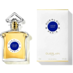 Un flacon de l'Eau de Parfum Guerlain Paris L'Heure Bleue est présenté à côté de son coffret blanc assorti orné d'une étiquette bleue et blanche. Le flacon, doté d'un bouchon doré, contient 75 ml de parfum. Dakar