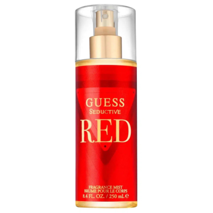 Un flacon transparent, étiqueté « Guess Seductive Red », contient une brume parfumée. Le flacon arbore un design rouge avec un texte doré et un vaporisateur sur le dessus. Il contient 250 ml de produit. Dakar