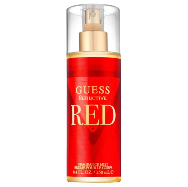 Un flacon transparent, étiqueté « Guess Seductive Red », contient une brume parfumée. Le flacon arbore un design rouge avec un texte doré et un vaporisateur sur le dessus. Il contient 250 ml de produit. Dakar