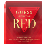 Emballage rouge pour l'eau de toilette pour femme « Guess Seductive Red », orné d'un motif triangulaire et d'un lettrage doré. Contient 30 ml de spray naturel. Dakar