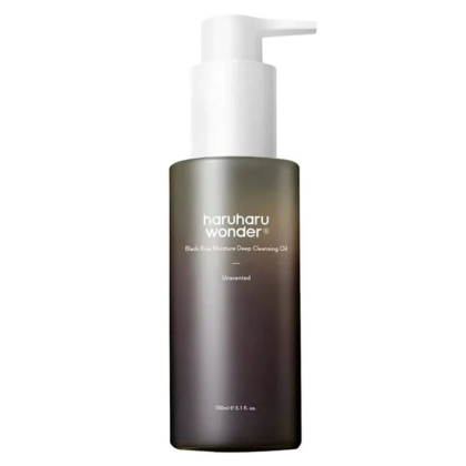 Un flacon d'huile nettoyante profonde Haruharu Wonder Black Rice Moisture. Transparent, il présente un dégradé foncé et une pompe blanche. L'étiquette indique « Non parfumé » et le flacon contient 150 ml. Dakar