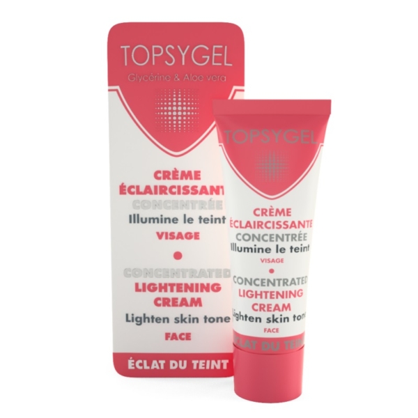 La Crème Visage Éclaircissante Topsygel HT26 50 ml est présentée dans un tube rouge et blanc, étiqueté « Crème Éclaircissante » et « Crème Éclaircissante », pour un teint plus lumineux. Enrichie en glycérine, aloe vera et en Sérum Blanchissant concentré HT26, elle offre des résultats efficaces. Dakar