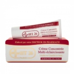 Image des produits de soin HT26 Paris. Une boîte rectangulaire portant l'inscription « Crème Concentrée Multi-éclaircissante », avec un design rouge et or. Un tube de crème assorti est posé sur le dessus. Dakar