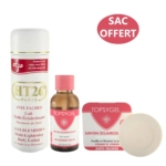 L'image présente trois produits de soin HT26 Paris : un lait corps multi-éclaircissant anti-imperfections, un sérum éclaircissant et un savon rond, tous conçus pour le traitement anti-taches. Une étiquette rouge indique « SAC OFFERT ». Dakar