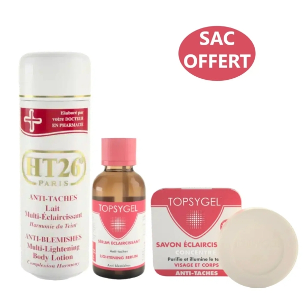 L'image présente trois produits de soin HT26 Paris : un lait corps multi-éclaircissant anti-imperfections, un sérum éclaircissant et un savon rond, tous conçus pour le traitement anti-taches. Une étiquette rouge indique « SAC OFFERT ». Dakar