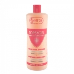 Un flacon d'émulsion douche Topsygel de HT26 Paris. Le flacon rose arbore le logo et les détails en blanc et rouge. Il met en avant l'aloe vera et la vitamine C comme ingrédients clés, avec des vertus nettoyantes et adoucissantes. Dakar