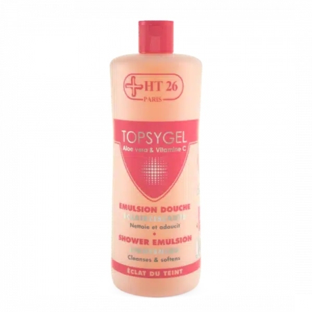 Un flacon d'émulsion douche Topsygel de HT26 Paris. Le flacon rose arbore le logo et les détails en blanc et rouge. Il met en avant l'aloe vera et la vitamine C comme ingrédients clés, avec des vertus nettoyantes et adoucissantes. Dakar