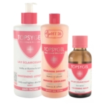 Trois bouteilles de produits de soins Topsygel sont présentées : une lotion blanchissante, une émulsion de douche et un sérum éclaircissant, tous étiquetés comme anti-imperfections avec un emballage rose et blanc. Dakar