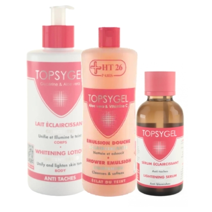 Trois bouteilles de produits de soins Topsygel sont présentées : une lotion blanchissante, une émulsion de douche et un sérum éclaircissant, tous étiquetés comme anti-imperfections avec un emballage rose et blanc. Dakar