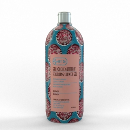 Un flacon de gel douche gommant orné d'un motif coloré et complexe. L'étiquette indique « Gel Douche Gommant - Scrubbing Shower Gel - Monoï » du Laboratoire HT26, 1000 ml. Dakar