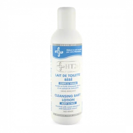 Un flacon blanc de Lotion Nettoyante Bébé HT26, étiqueté en français et en anglais. Conçu pour le corps et le visage, il est enrichi en huile d'amande douce et sa formule est sans rinçage. Le flacon est étroit et doté d'un bouchon blanc. Dakar