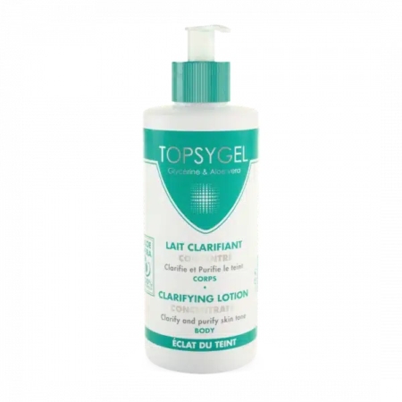 Un flacon de lotion clarifiante Topsygel, doté d'une pompe et d'une étiquette bleu sarcelle. L'étiquette comporte un texte en français et en anglais indiquant son utilisation pour clarifier et purifier le teint. Le flacon contient de la glycérine et de l'aloe vera. Dakar