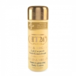 Un grand flacon cylindrique de lotion corporelle multi-éclaircissante HT26 Paris est présenté. Le flacon est beige avec un bouchon doré et une inscription sur sa teneur en or et en huile d'argan. Dakar
