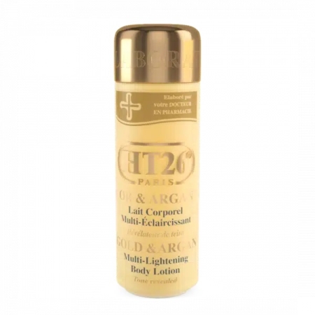 Un grand flacon cylindrique de lotion corporelle multi-éclaircissante HT26 Paris est présenté. Le flacon est beige avec un bouchon doré et une inscription sur sa teneur en or et en huile d'argan. Dakar