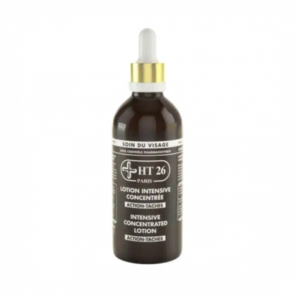 Flacon marron de Lotion Intensive Concentrée HT 26 Paris avec bouchon compte-gouttes. L'étiquette porte les inscriptions « Soin du visage » et « Lotion Intensive Concentrée », indiquant qu'il s'agit d'un soin pour le visage. Dakar