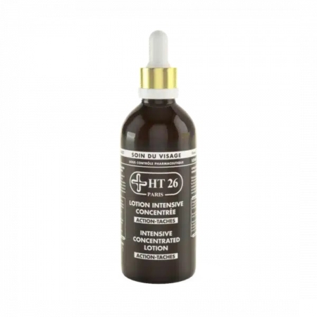 Flacon marron de Lotion Intensive Concentrée HT 26 Paris avec bouchon compte-gouttes. L'étiquette porte les inscriptions « Soin du visage » et « Lotion Intensive Concentrée », indiquant qu'il s'agit d'un soin pour le visage. Dakar