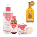 Une collection de produits de soins Topsygel, comprenant une lotion pour le corps, un sérum éclaircissant, un savon blanchissant et une huile corporelle dorée ornée d'une rose, présentée comme une offre. Tous les produits sont présentés sur fond blanc. Dakar