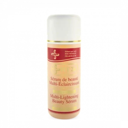 Un flacon de Sérum Beauté Multi-Éclaircissant HT26 avec un bouchon blanc et une étiquette beige et rouge. Le texte décrit ses propriétés multi-éclaircissantes et embellissantes, soulignant son utilisation en soin de la peau. Dakar