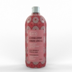 Un flacon de gel douche exfoliant HT26 orné d'un motif rouge et blanc complexe. L'étiquette comporte des inscriptions en anglais et en français, mentionnant « Rose Orientale » et « 1000 ml ». Dakar