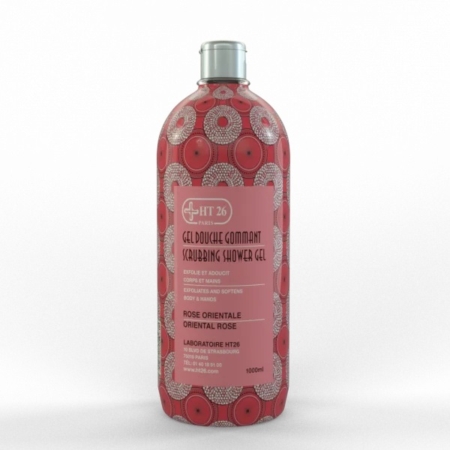 Un flacon de gel douche exfoliant HT26 orné d'un motif rouge et blanc complexe. L'étiquette comporte des inscriptions en anglais et en français, mentionnant « Rose Orientale » et « 1000 ml ». Dakar