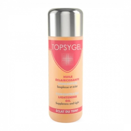 Un flacon rose et beige d'huile cosmétique éclaircissante Topsygel. L'étiquette présente un texte en français et en anglais, soulignant son action éclaircissante, souple et lumineuse. Le bouchon est argenté métallisé. Dakar