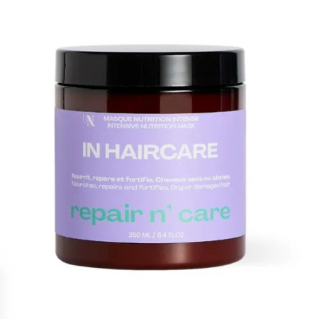 Un pot de masque nutrition intense « In Haircare » est présenté. L'étiquette, en anglais et en français, souligne son efficacité pour nourrir, réparer et fortifier les cheveux secs ou abîmés. Le contenant est de 250 ml. Dakar