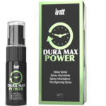 L'image présente un flacon et une boîte de « Intt Spray Retardateur Dura Max Power 15 ml », similaire au gel retardateur INTT. L'emballage est principalement noir avec des touches de vert et arbore une horloge. Le texte est en anglais, français et allemand. Dakar