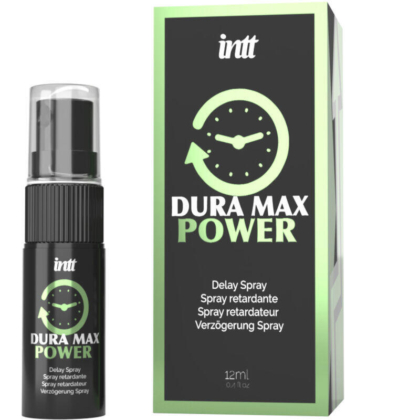 L'image présente un flacon et une boîte de « Intt Spray Retardateur Dura Max Power 15 ml », similaire au gel retardateur INTT. L'emballage est principalement noir avec des touches de vert et arbore une horloge. Le texte est en anglais, français et allemand. Dakar