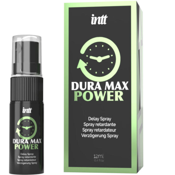 L'image présente un flacon et une boîte de « Intt Spray Retardateur Dura Max Power 15 ml », similaire au gel retardateur INTT. L'emballage est principalement noir avec des touches de vert et arbore une horloge. Le texte est en anglais, français et allemand. Dakar
