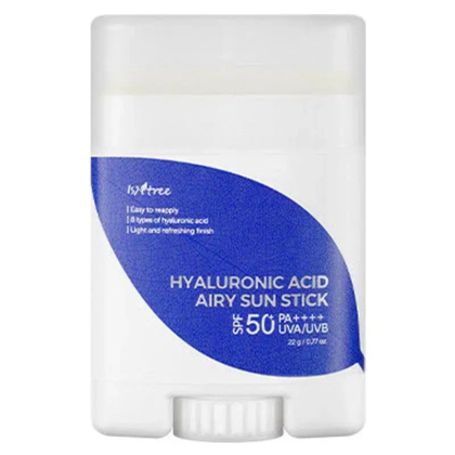 Stick solaire cylindrique avec une étiquette bleue et blanche indiquant « Acide Hyaluronique Stick Solaire Aérien SPF 50+ PA++++ UVA/UVB » en blanc. L'emballage inclut des mentions telles que « facile à réappliquer » et « 18 types d'acide hyaluronique ». Dakar