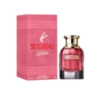Découvrez le parfum Jean Paul Scandal So Scandal ! 30 ml, un parfum rose dans un flacon en verre transparent avec un élégant bouchon doré. L'emballage est une boîte rose ornée de pattes blanches saisissantes et d'un texte rouge et blanc audacieux, encapsulant son charme. Dakar