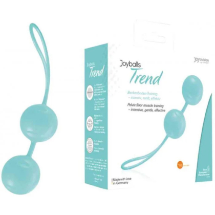 Image du produit Joyballs Trend, présentée en turquoise. L'emballage affiche le nom du produit et met l'accent sur l'entraînement des muscles du plancher pelvien. Les Joyballs sont constitués de deux sphères reliées par une ficelle en boucle pour une manipulation aisée. Dakar