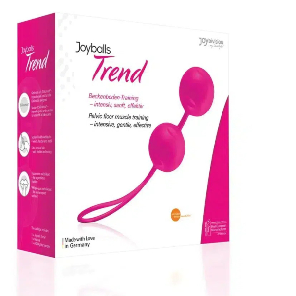 L'image montre une boîte de produits Joyballs Trend. Conçu pour l'entraînement des muscles du plancher pelvien, il présente un dispositif rose à double bille. Le texte souligne l'efficacité et la douceur du produit, fabriqué en Allemagne. Dakar