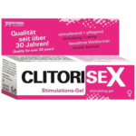 Boîte de gel de stimulation ClitoriSex, ornée d'un motif rose et blanc. Le texte met en valeur la formule stimulante et bienfaisante du produit, éprouvée depuis plus de 30 ans. La marque « JoyDivision » est imprimée dans le coin supérieur gauche. Dakar